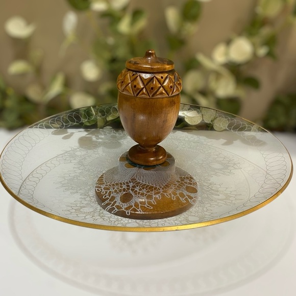 Vintage Mid Century Appetizer Pedistal Serving Tray Glass Wood Toothpick Holder